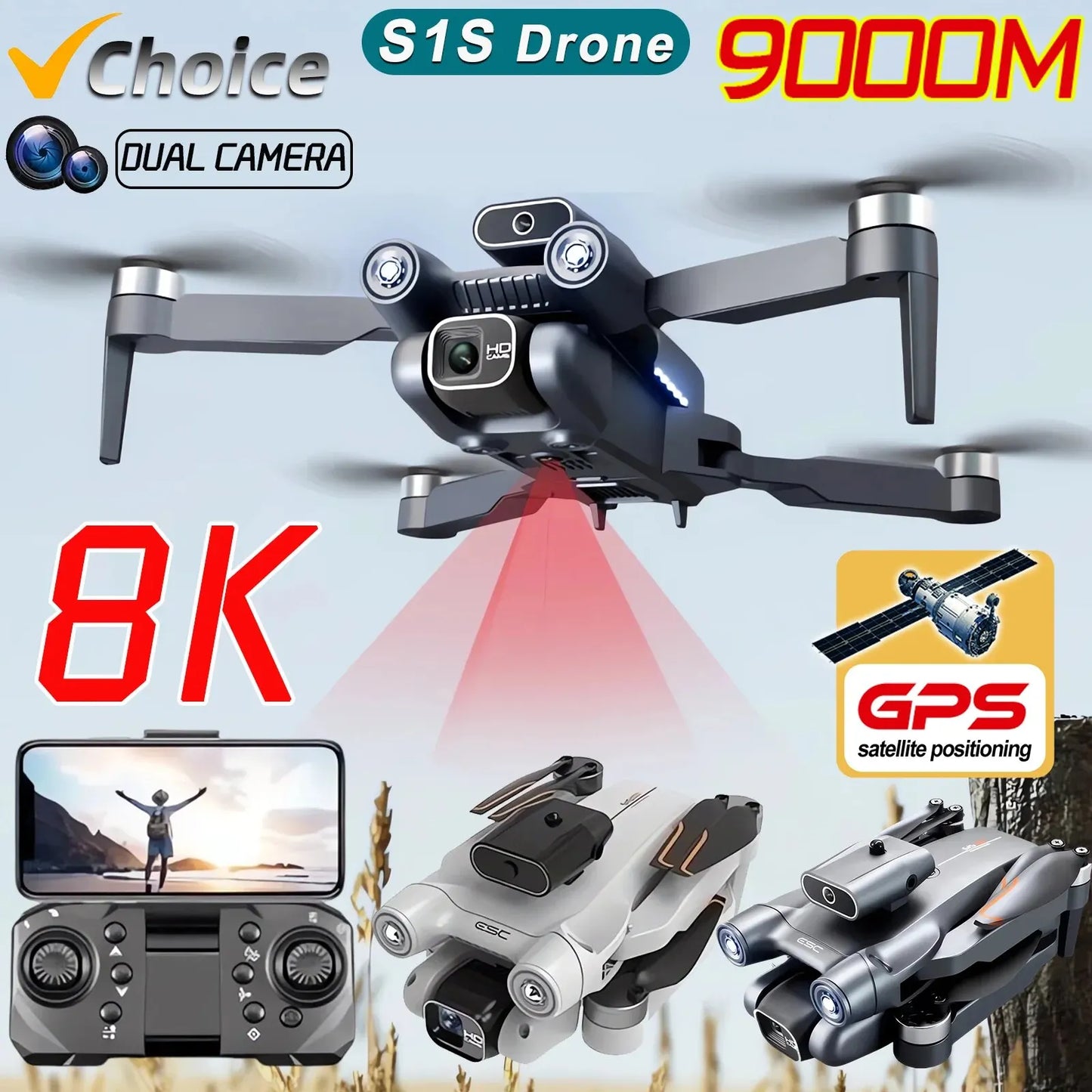 S1S Mini Brushless Drone with 4K Professional 8K HD Camera, 5G Wifi FPV, Obstacle Avoidance