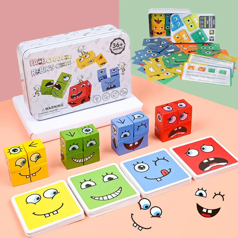 Cube Face Changing Building Blocks Board Game Cartoon Puzzle Montessori Toys Wooden Level Game Thinking Challenge Kids Toys