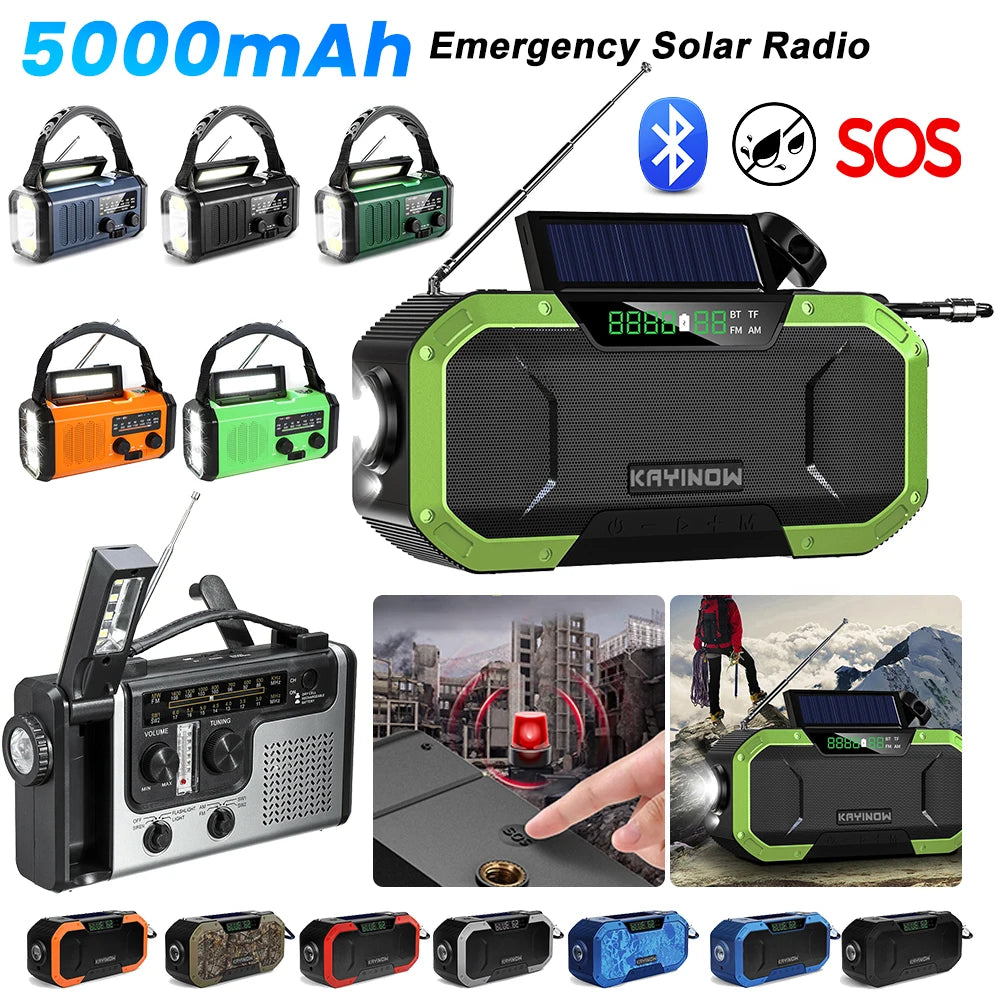 Multifunctional Portable Bluetooth Speaker with Hand Crank Solar Radio, AM/FM, LED Flashlight, 5000mAh Power Bank, and IPX5 Waterproof Rating.