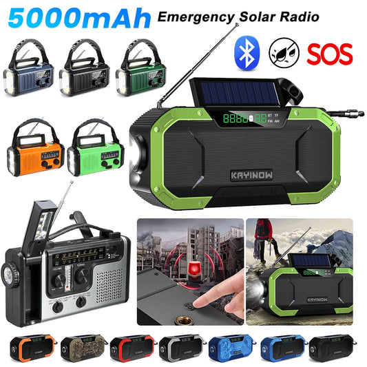 Multifunctional Portable Bluetooth Speaker with Hand Crank Solar Radio, AM/FM, LED Flashlight, 5000mAh Power Bank, and IPX5 Waterproof Rating.