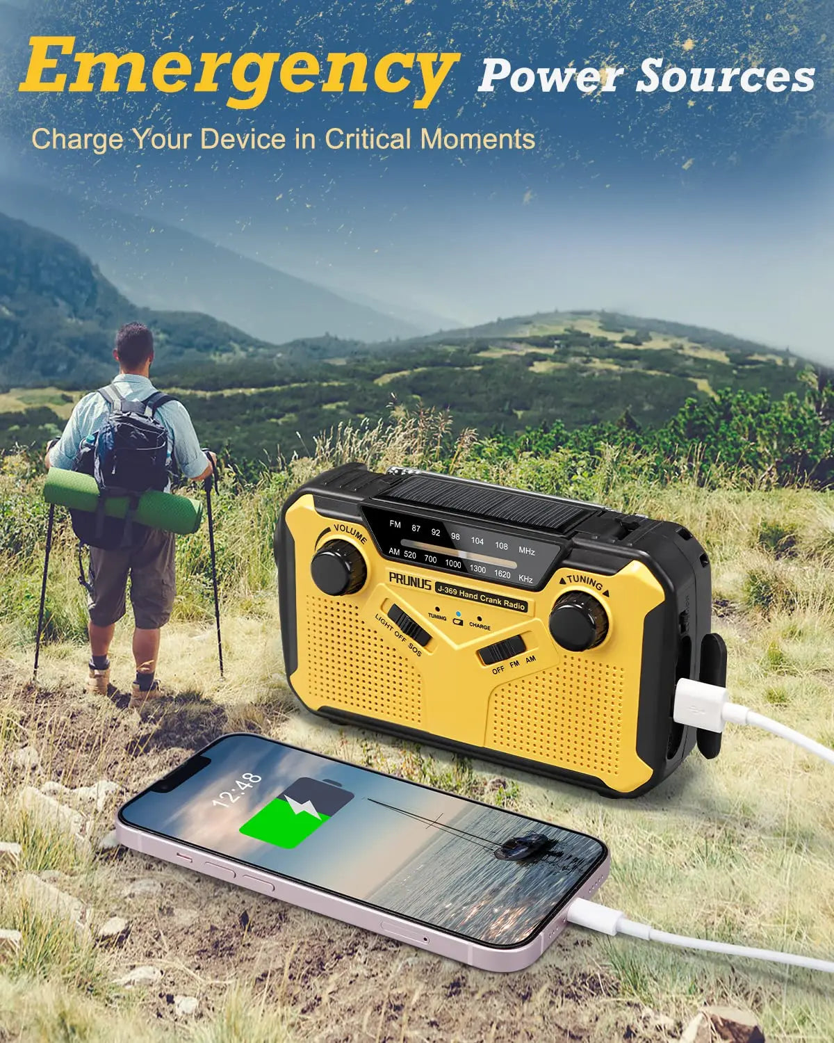 Emergency Radio: AM/FM Portable Radio with Solar Hand Crank, USB, AA Batteries, Rechargeable Torch, Reading Lamp, and SOS Alarm for Emergencies