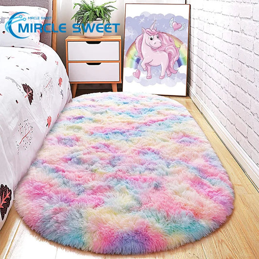 Fluffy Oval Rug for Kids, Rainbow Colourful Rug, Perfect for Bedroom, Dorms and Nursery Decor, Home Carpets for Babies