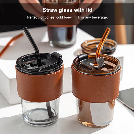 400mL heat resistant glass cup with straw, lid, and leather set.