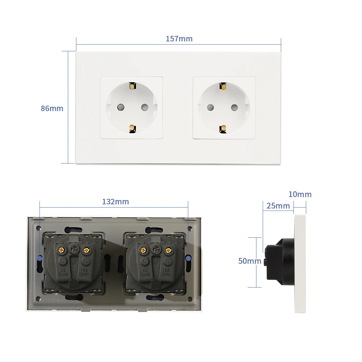 EU Wall Socket Light Push Switch Double Electric Sockets with USB Type-c Ports Power Outlets Plastic Frame Mechanical Switches