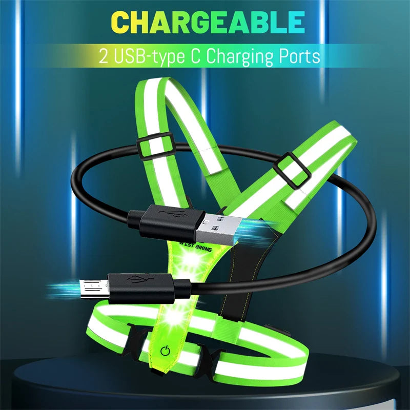 USB Rechargeable Reflective LED Safety Vest – 360° Visibility for Running, Cycling, and Outdoor Work