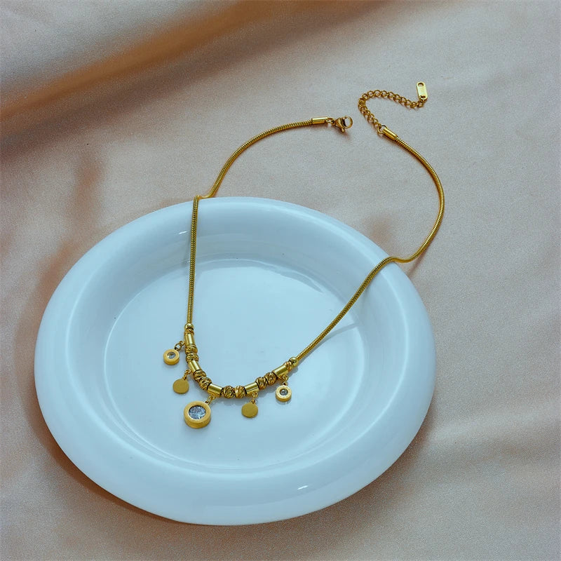 DIEYURO 316L Stainless Steel Round Roman Numeral Zircon Pendant Necklace For Women Vintage Ethnic Ladies Chain Jewelry Gifts