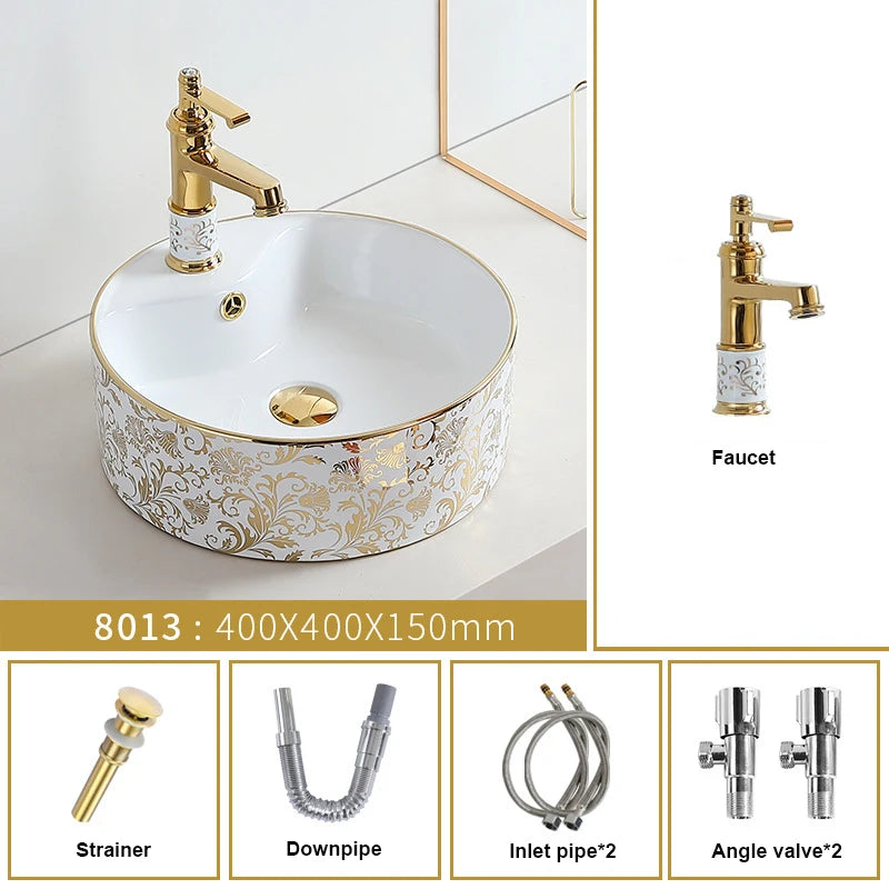 Golden Flower Design Ceramic Bathroom Sink Set