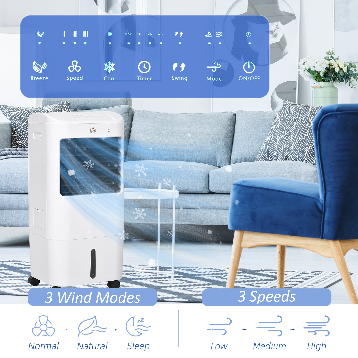 HOMCOM Portable Air Cooler with Humidifier, Remote, Oscillation, White
