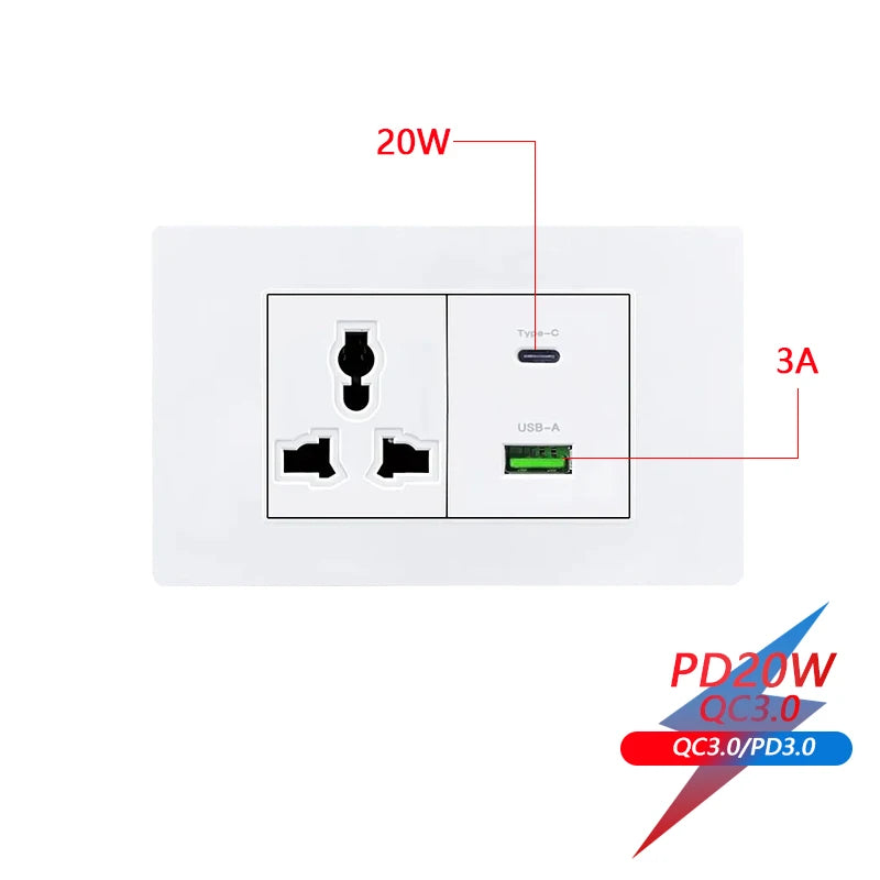 EU Korea Power Plug with 16A Usb Wall Socket,Electric 2Way Light Switch Panel,Universal USB Type-C 20W Fast Charging Outlet 220V