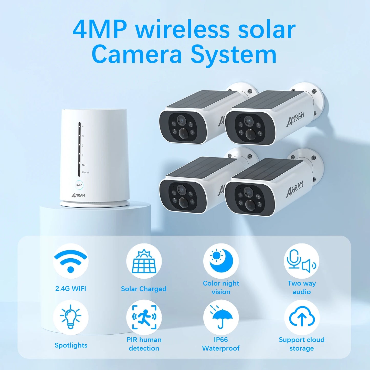 ANRAN 4MP Wifi Solar Battery CCTV Camera Kit Surveillance Security System Humanoid Detection Siren Alarm Outdoor Wireless Camera Set