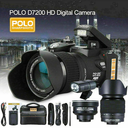 POLO D7200 HD Professional Digital Video Camera with 24X Telephoto Wide-angle, Micro Single Lithium Battery & Three Lens