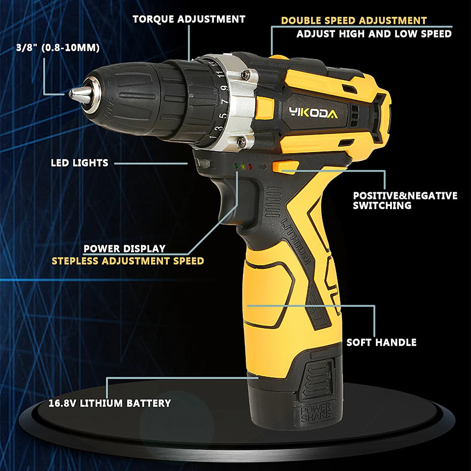 YIKODA 12/16.8/21V Cordless Rechargeable Electric Drill / Screwdriver