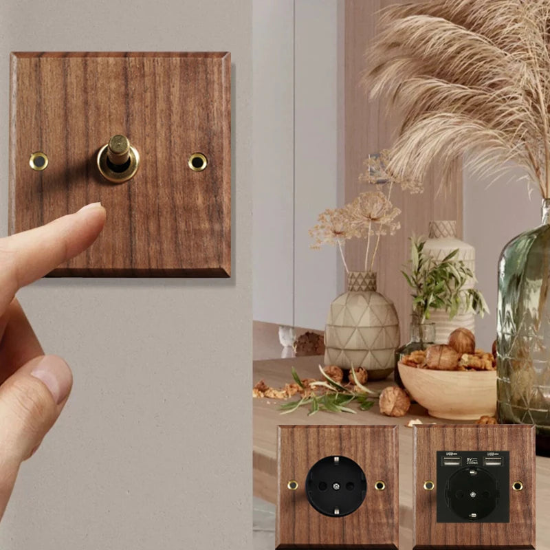 Retro European Wood brass Wall Light switch Power socket,EU FR UK Double Usb Electrical Outlet Household Vintage Toggle Switch