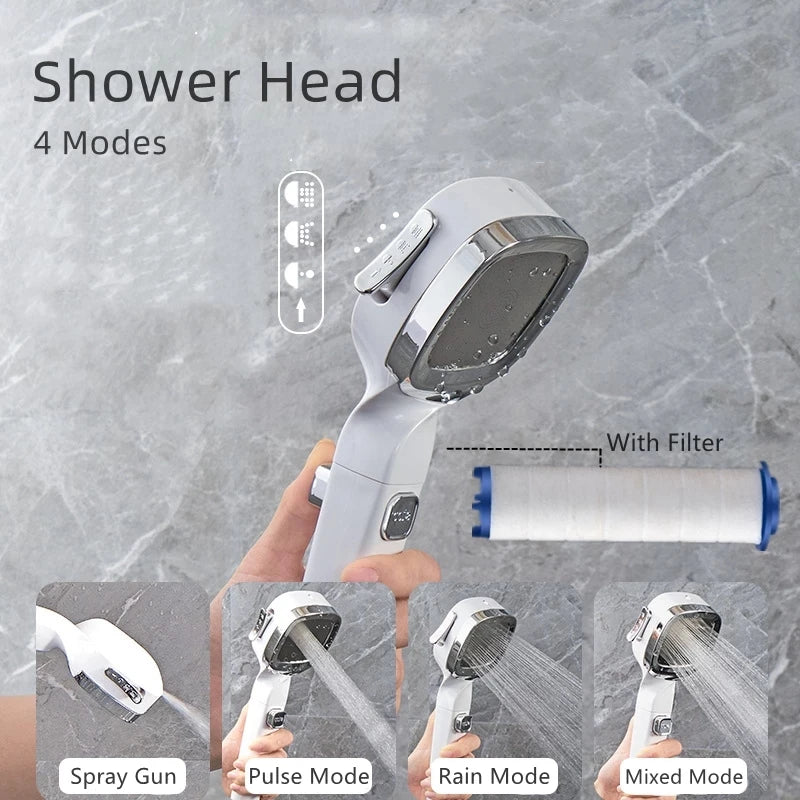 Shower Head Water Saving Spray 4 Mode Adjustable High Pressure Shower One-key Stop Water Massage Eco Shower Bathroom Accessories