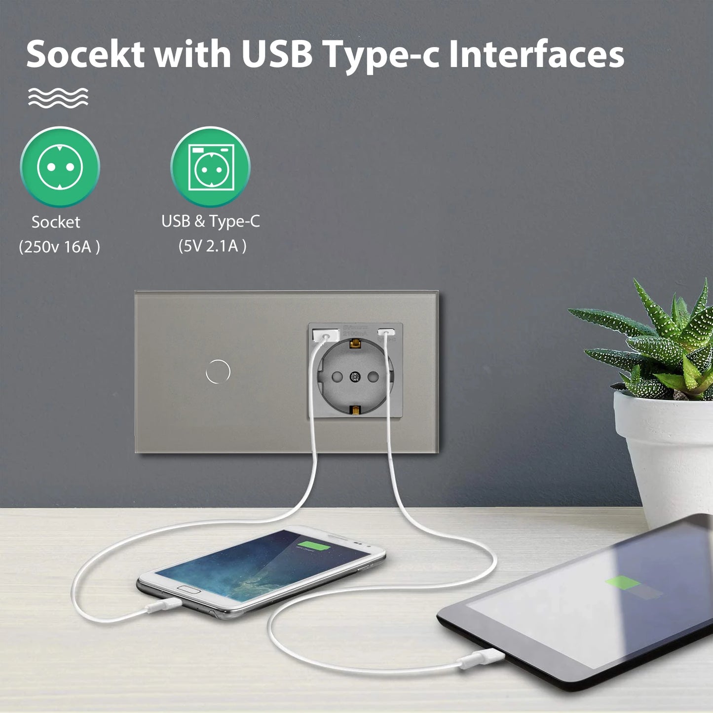 BSEED Touch Switch with EU Socket and USB Type-C Interfaces