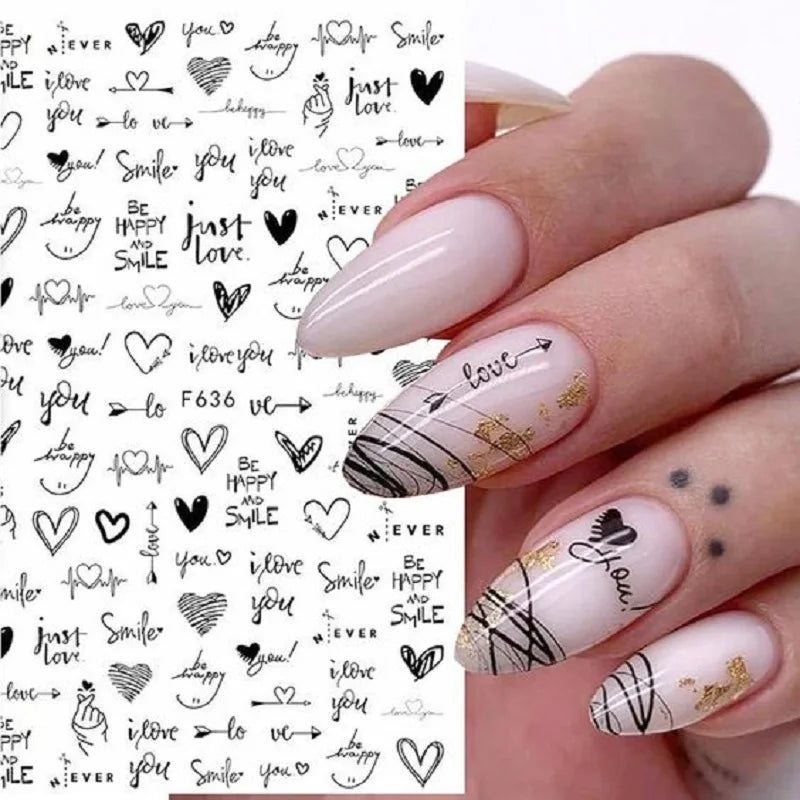 1PCS 3D Laser Silver Heart Letter Nail Sticker Nail Art Decoration Love Flower Nail Accessories Decal Stickers Nail Supplies