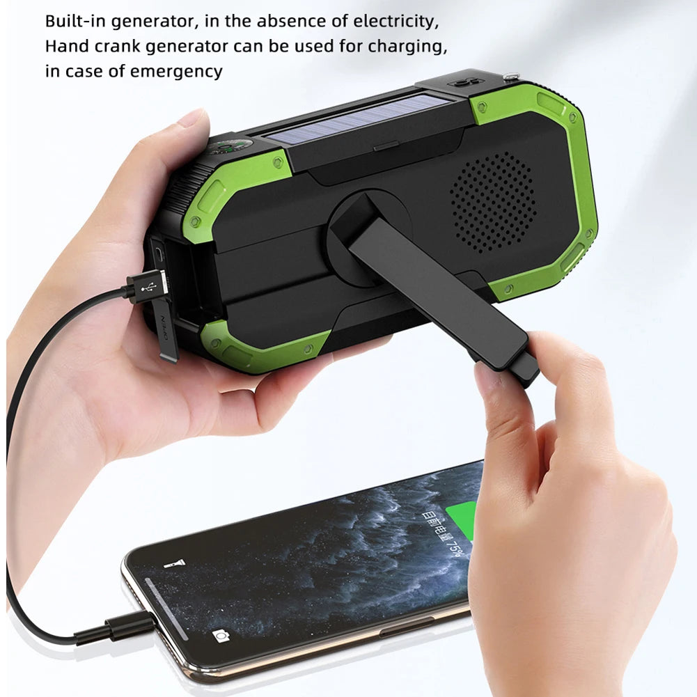 Multifunctional Portable Bluetooth Speaker with Hand Crank Solar Radio, AM/FM, LED Flashlight, 5000mAh Power Bank, and IPX5 Waterproof Rating.