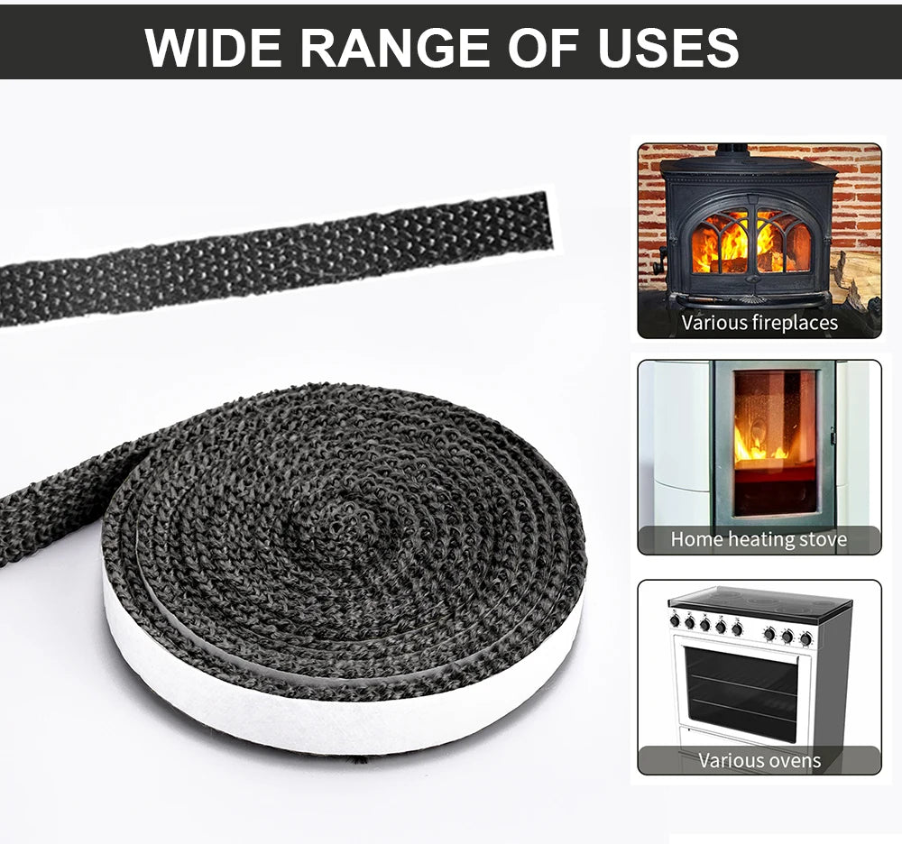 2/3m 10/15mm Log Burner Stove Rope Fireproof Self-Adhesive Glass Fiber Fireplace Door Sealing Replacement Gasket Tape Fire Rope