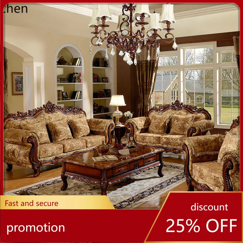 HT Sofa 123 Combination Living Room Solid Wood Country High-End Fabric Sofa Luxury Furniture