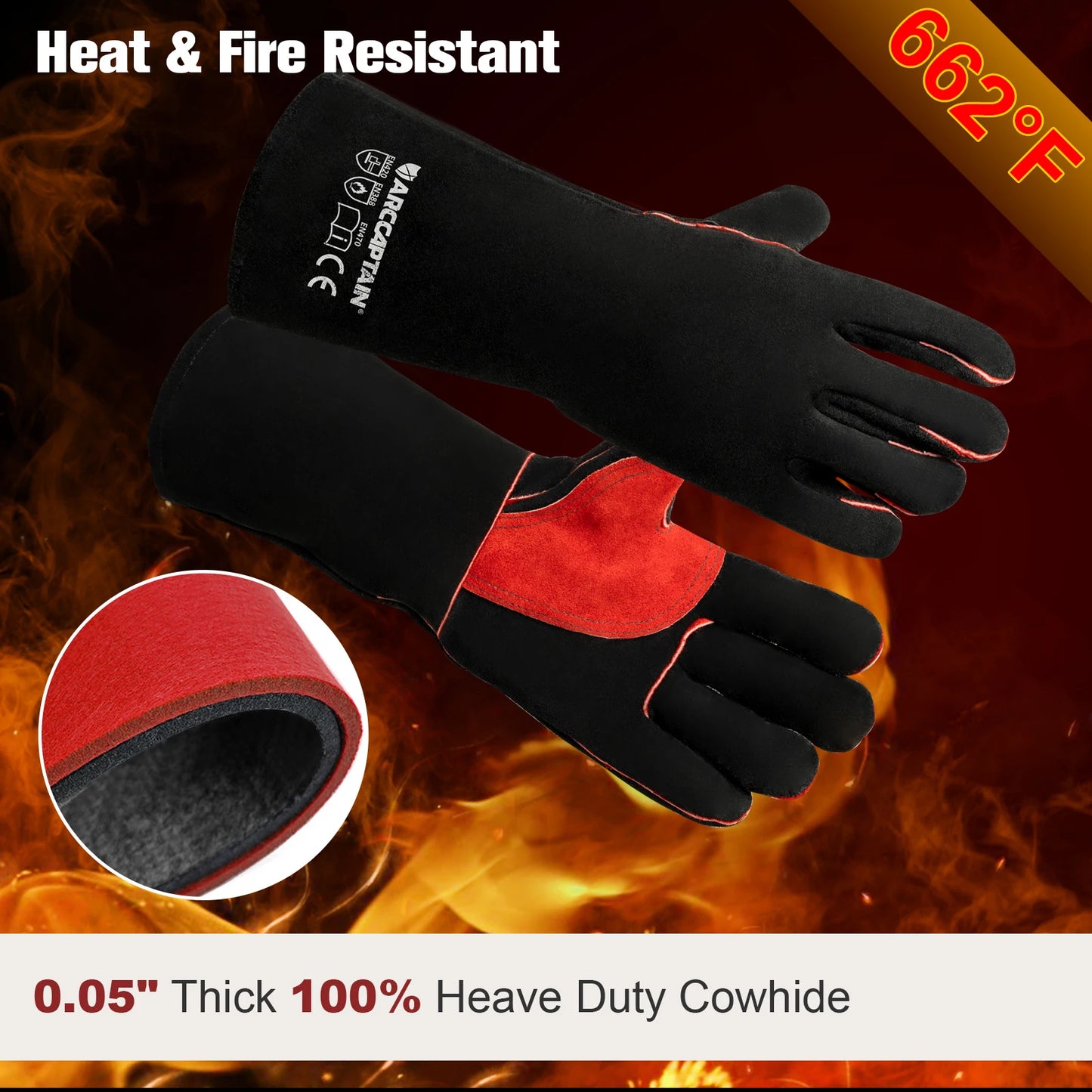 ARCCAPTAIN Welding Gloves Work Welder's Cowskin Leather Barbecue Glove Grill BBQ  Heat Resistant Long Sleeve