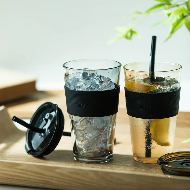 450ml Heat-Resistant Glass Coffee Cup with Silicone Lid & Glass Straw