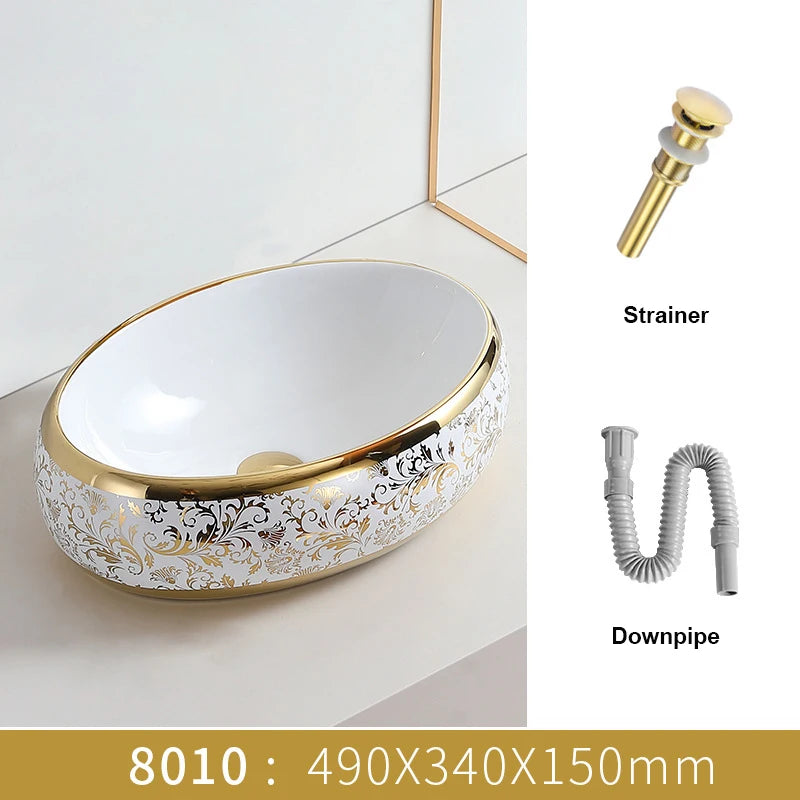 Golden Flower Design Ceramic Bathroom Sink Set