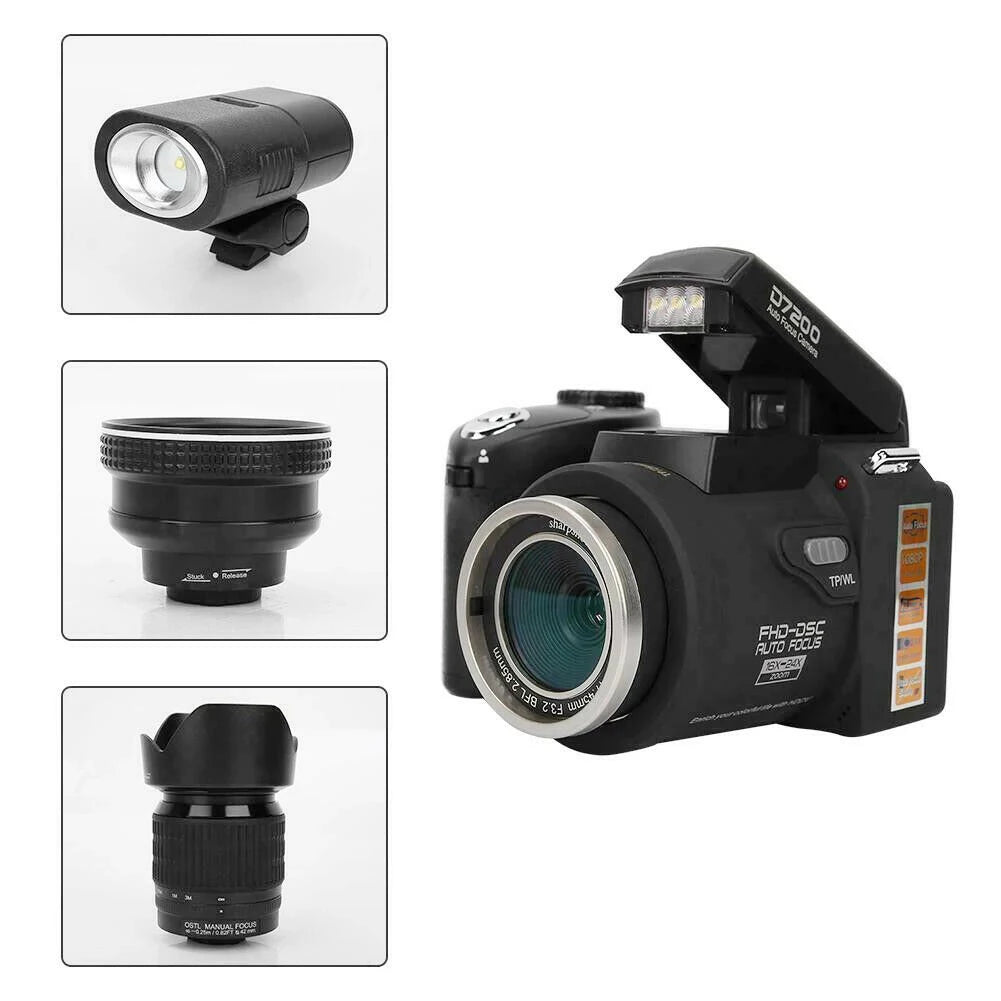 POLO D7200 HD Professional Digital Video Camera with 24X Telephoto Wide-angle, Micro Single Lithium Battery & Three Lens