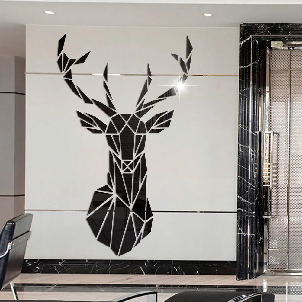 3D Deer Head Mirror Wall Sticker - Whimsical Home Decor