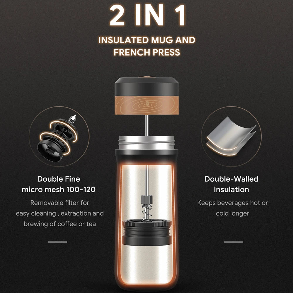 ICafilas 350ml Portable Stainless Steel Insulated Coffee Pot / Mug with Coffee Plunger Filter