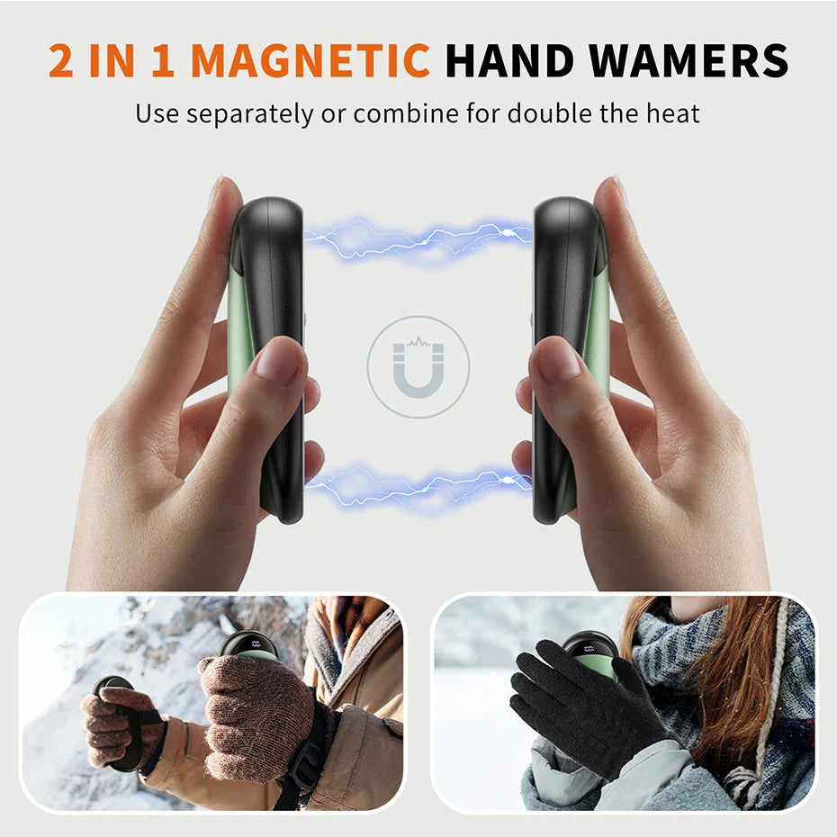 2-in-1 Rechargeable Magnetic Hand Warmers – 2 Pack with Digital Display | Smart Winter Comfort for Commuting, Sports, and Gifting