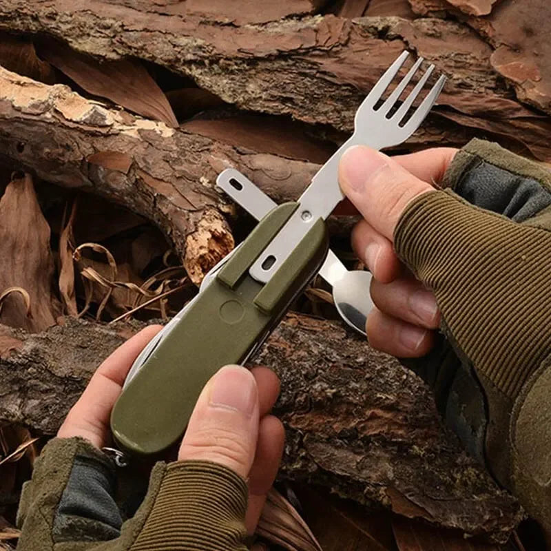 7 In 1 Multifunctional Outdoor Tableware Stainless Steel Foldable Fork, Spoon, & Knife