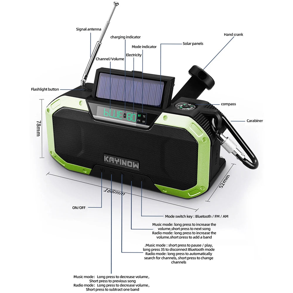 Multifunctional Portable Bluetooth Speaker with Hand Crank Solar Radio, AM/FM, LED Flashlight, 5000mAh Power Bank, and IPX5 Waterproof Rating.