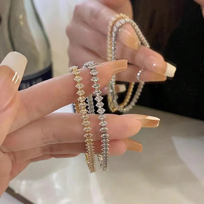 Luxury Roman Crystal Geometric Chain Bracelets for Women Trendy Goth Full Rhinestone Marquise Charm Tennis Bracelet Wed Jewelry