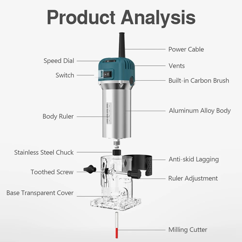 800w 30000rpm Manual Wood Router Woodworking  Electric Trimmer With Milling Cutter Machines Power Carpentry Tool Combo Kit