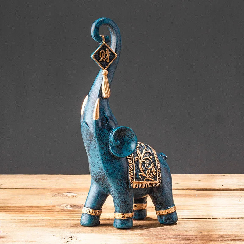 Chinese Style Lucky Wealth Elephant Trunk Figurine Home Decor Resin Statue Craft Gift