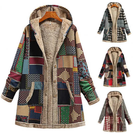 Winter Vintage Women Coat, Warm Ethnic Pattern Print Thick Fleece Hooded Long Coat With Pocket Ladies Outwear Loose Coat For Women