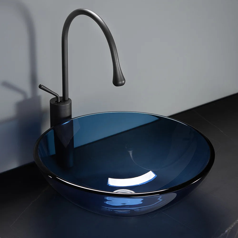 Blue Round Tempered Glass Sink for Bathroom