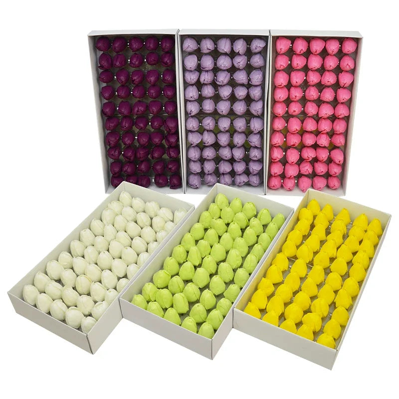 50pcs/Box Dia 4cm Soap Tulip Flowers Heads DIY Bouquet Soap Flower Gift Box Making Birthday Gift Artificial Flower Accessories