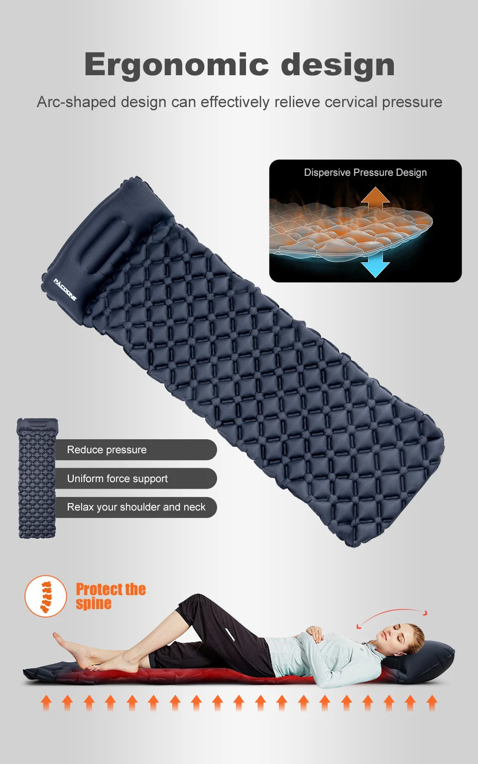 PACOONE Outdoor Camping Sleeping Pad | Folding Inflatable Mattress with Integrated Pillow