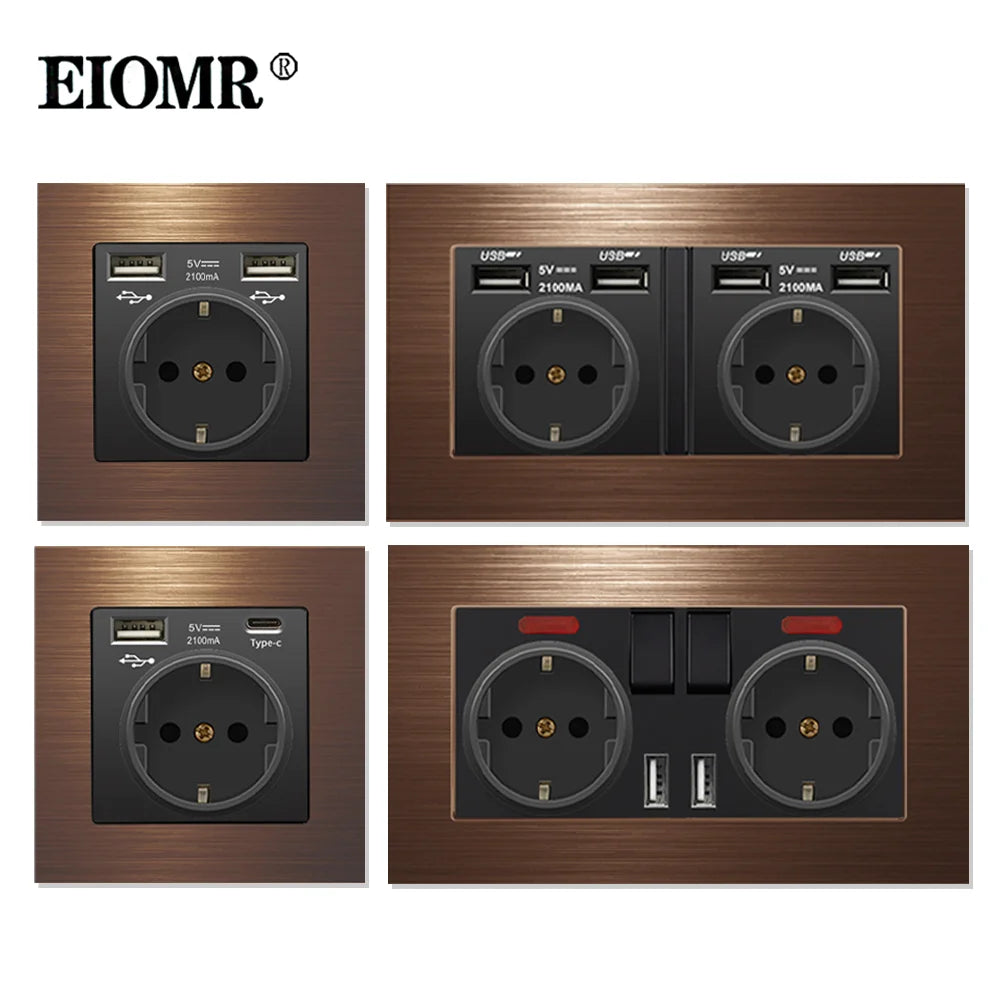 EIOMR 16A EU Wall Light Switch and Electrical Outlets F2 Series Red Aluminum Alloy Panel Usb Wall Plug TV Computer Rj45 Sockets