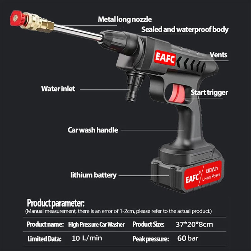 High-pressure  300W power car wash gun with 20000mAh battery, and a 60Bar spray nozzle for cleaning cars, homes, and gardens