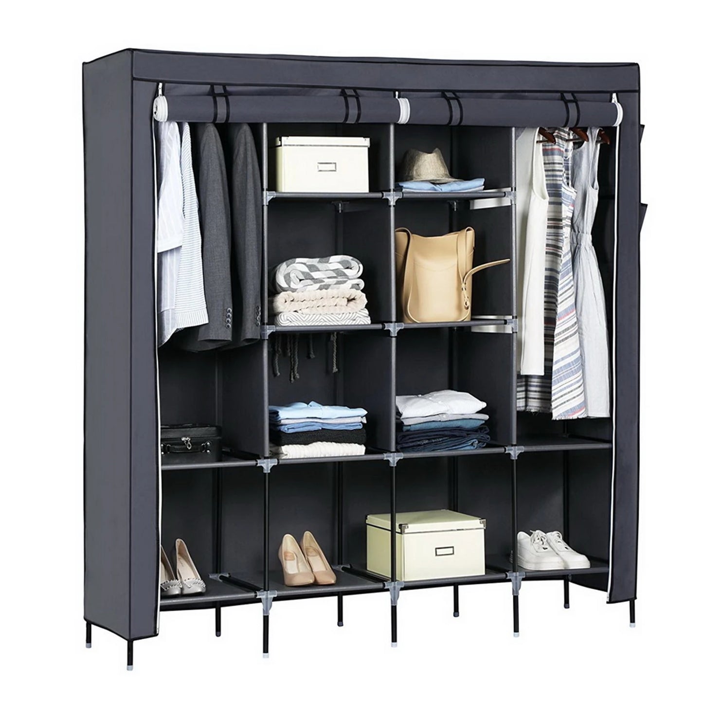 67" Clothes Closet Portable Wardrobe Clothes Storage Rack with 12 Shelves and 4 Side Pockets,Storage Cabinet Bedrooms Closet