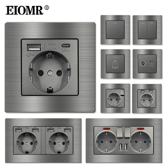 EIOMR F6 Series Gray Aluminum Alloy Panel Light Switch EU Electrical 86mm Single Socket 146mm Double Outlet Usb Wall TV Socket