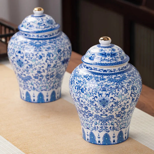 Vintage Blue & White Tea Jar - Gold-Plated Elegance for Stylish Storage