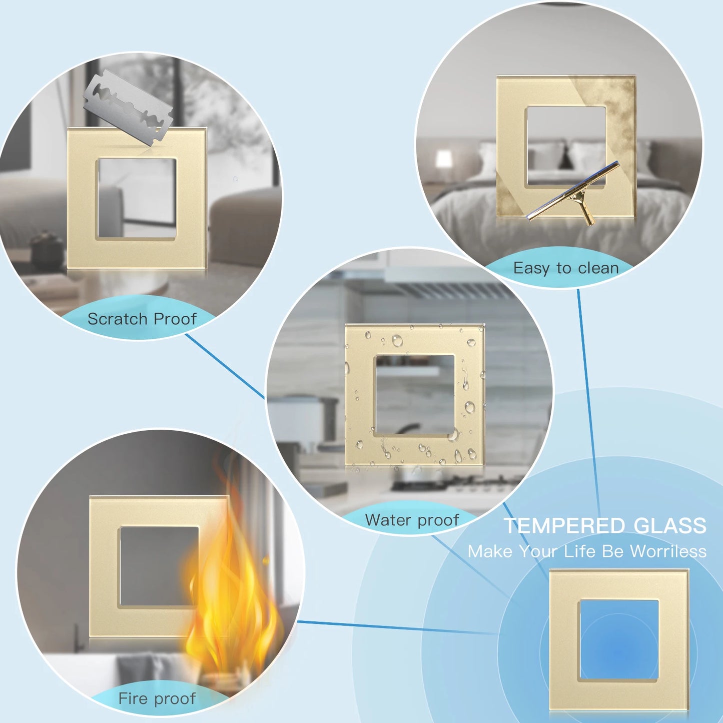 BSEED EU Standard Wall Light Switch Electrical Socket Button Switch Function Part Crystal Glass Panel Only Free Collocation Gold