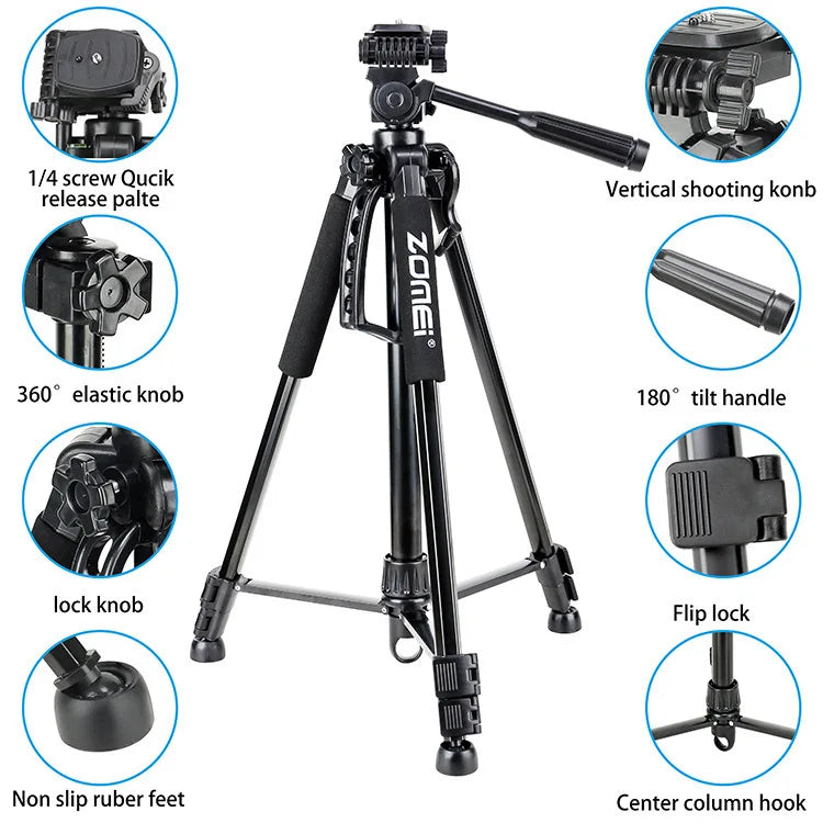 155cm 61'' Adjustable Mobile Phone & Camera Tripod with 360 Degree Rotation Panorama Head