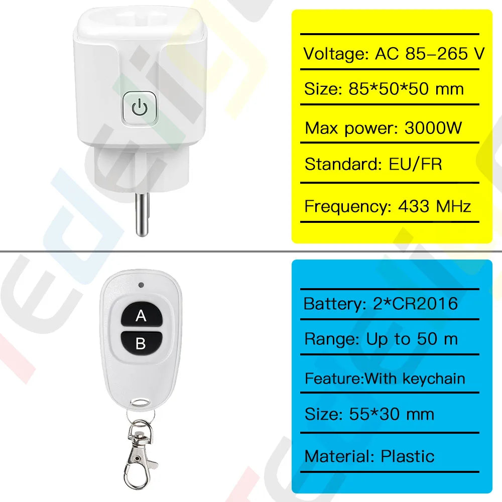 RF 220V 16A Electrical Socket 433MHz Wireless Remote Control Plug 3000W EU FR Standard,for Home LED/Light/Fan/Lamp ON OFF