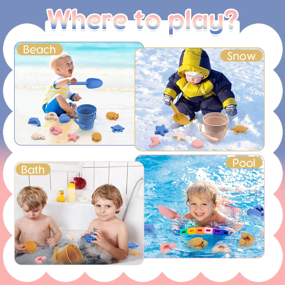 8pcs Food-Grade Silicone - Fun Summer Outdoor Toys for Kids  BPA-Free,  Beach Toys Eco-Friendly,with Bucket & 4 Color Set