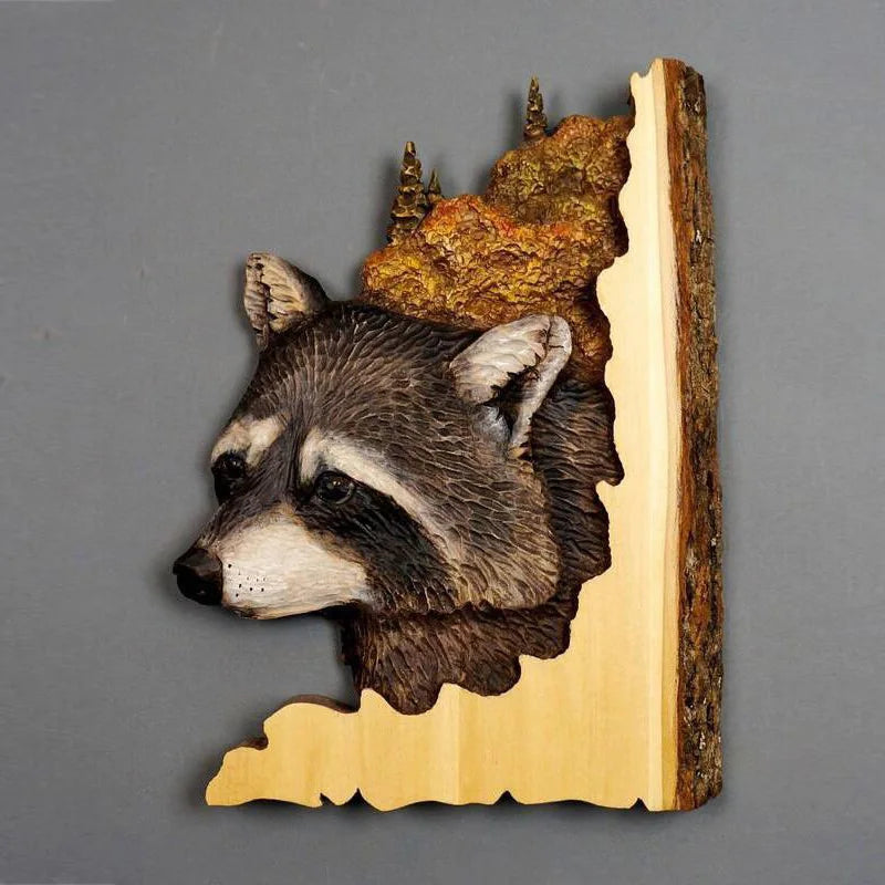 Animal Carving Handcraft Wall Hanging Sculpture Wood Raccoon Bear Deer Hand Painted Decoration for Home Living Room