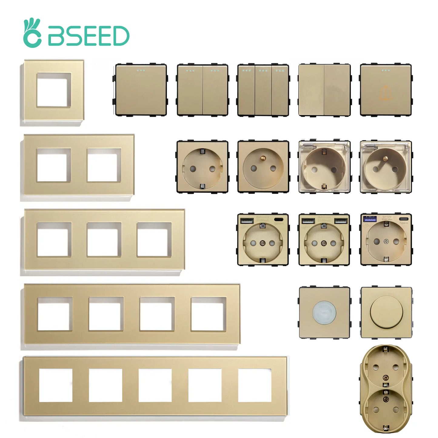 BSEED EU Standard Wall Light Switch Electrical Socket Button Switch Function Part Crystal Glass Panel Only Free Collocation Gold